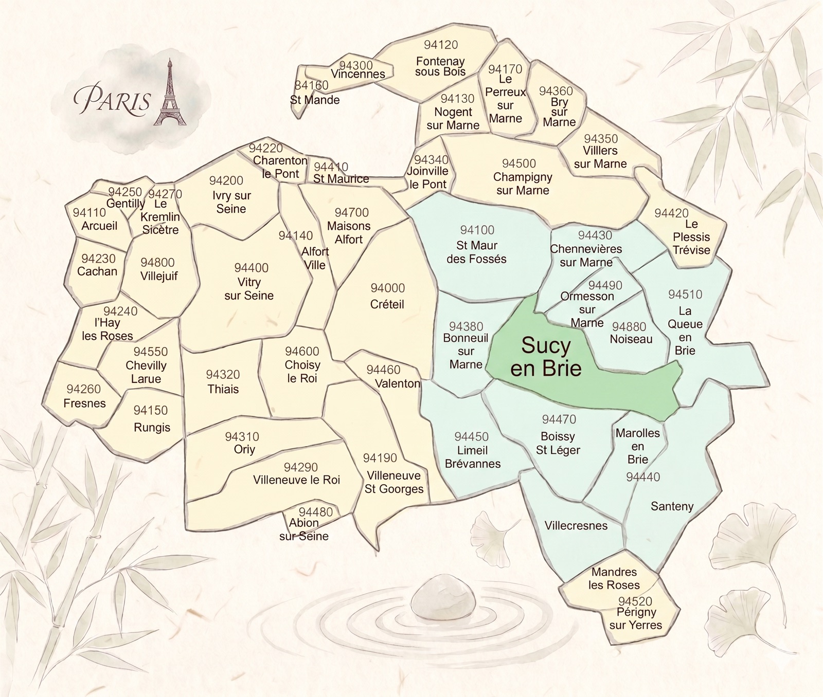 Carte des communes autour de Sucy-en-Brie (Val-de-Marne)